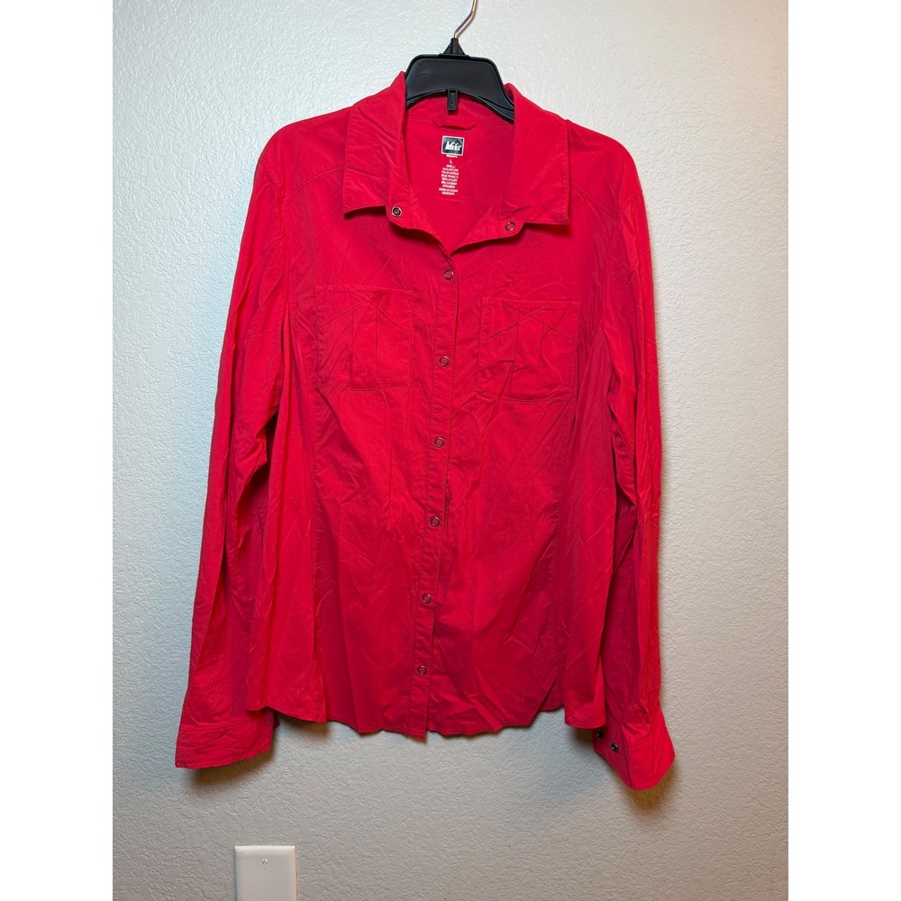 REI Co-op Womens Red Long Sleeve Snap Front Hiking Shirt Size L RN37249